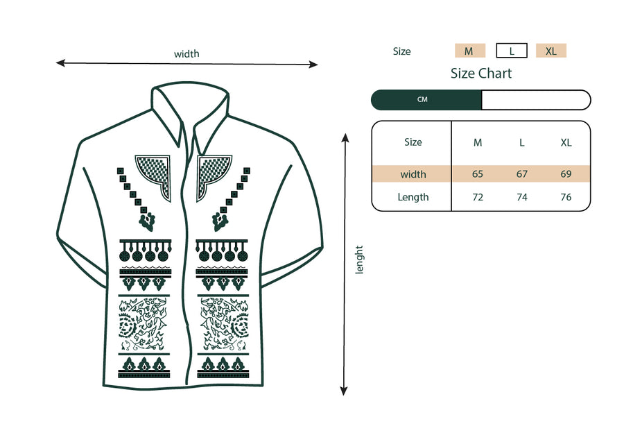 Size chart showing garment measurements for the Nubian button-up shirt.