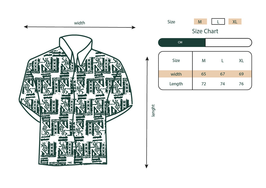 Size chart showing garment measurements for the Flow button-up shirt.