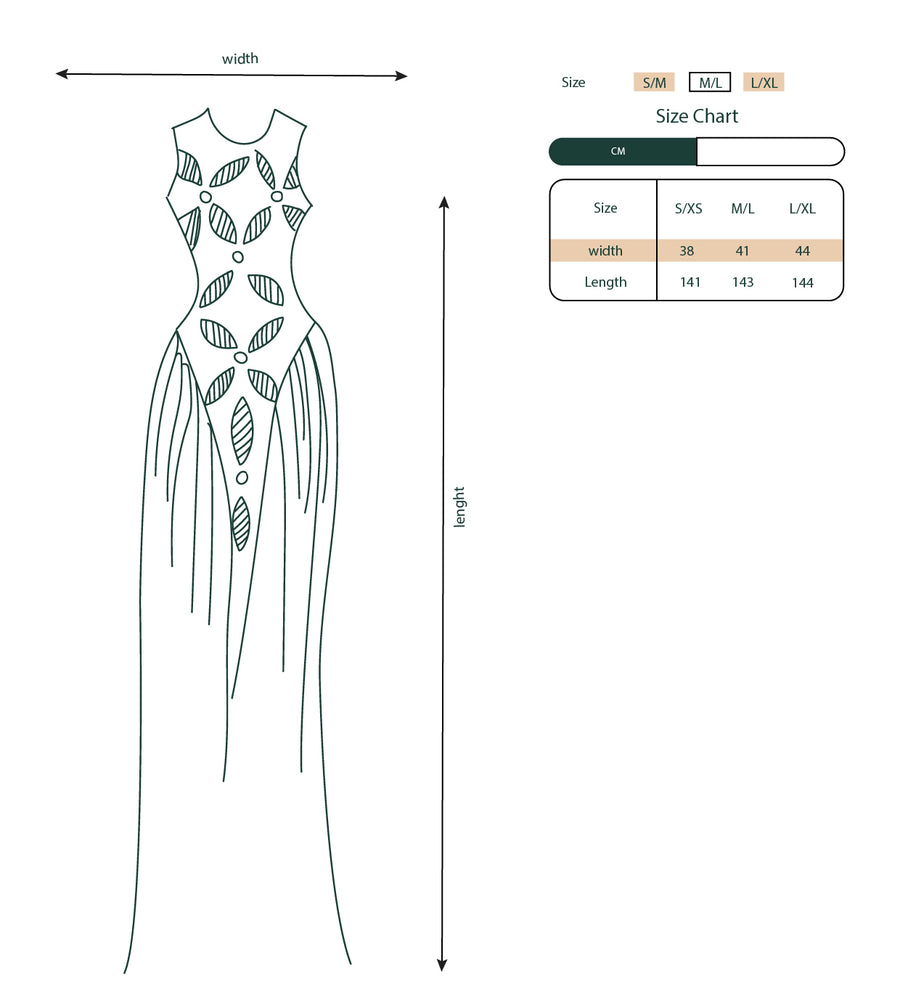 Size chart showing garment measurements for the Branch maxi dress.