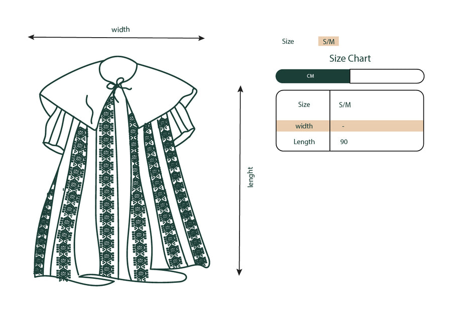 Size chart showing garment measurements for the Dune midi dress.