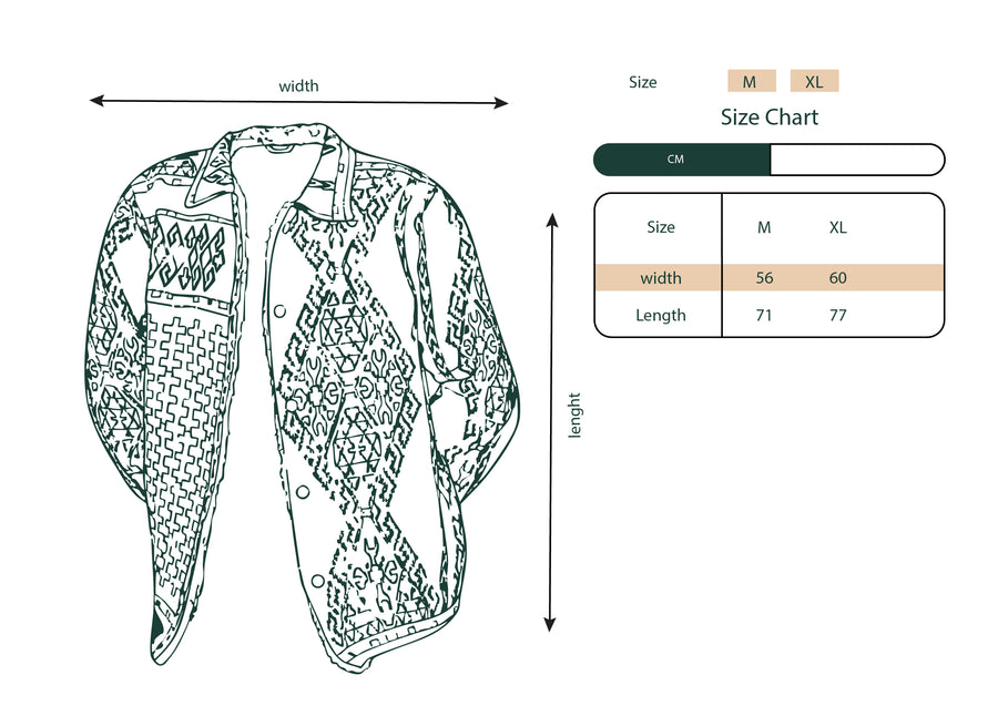 Size chart showing garment measurements for the Nubie Flame Jacket.