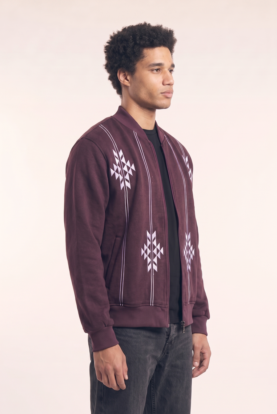 Nubie Knight jacket, alternate view of the minimalist embroidered pattern.