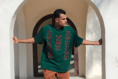 Olive Branch T-Shirt close-up - muted olive color with peace-inspired print