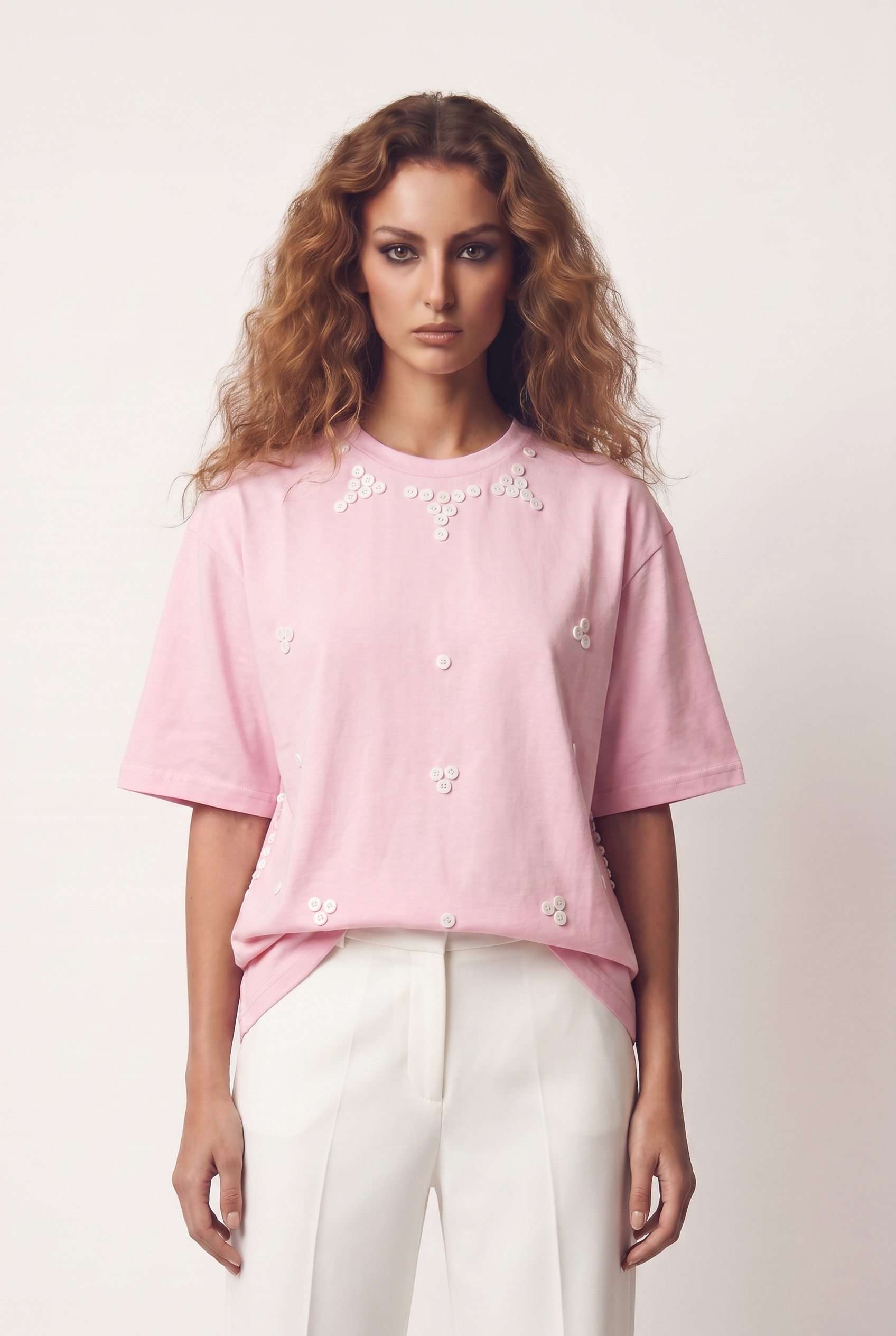 Woman wearing a pink blouse with decorative buttons on a white background