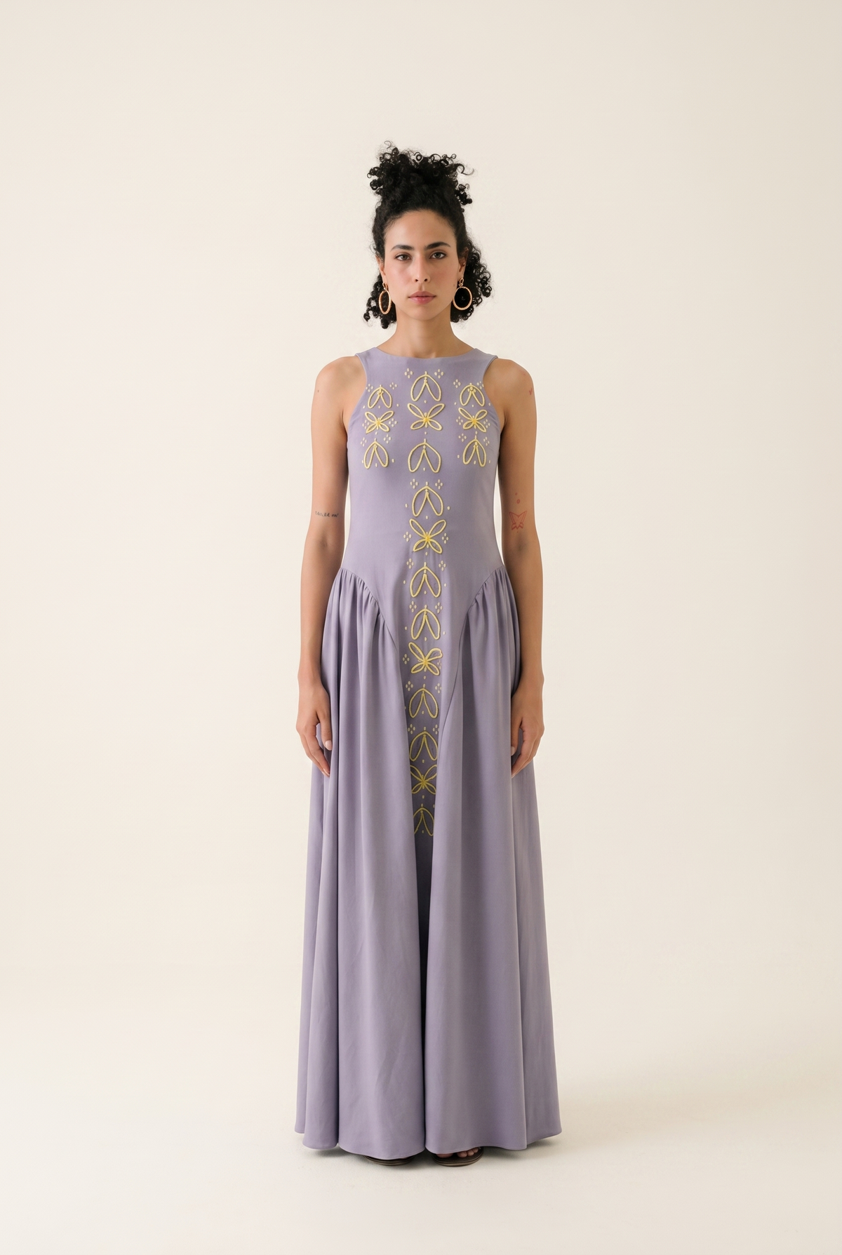 Purple Branch maxi dress with green branch embroidery on lilac fabric, front view.