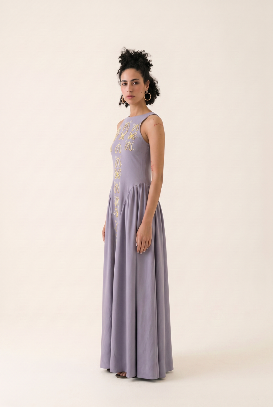 Purple Branch maxi dress, alternate view showing the A-line silhouette.