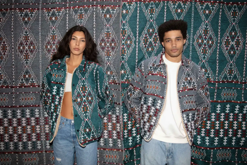 Nubié Colors Jacket front view - bold Nubian pattern heritage outerwear