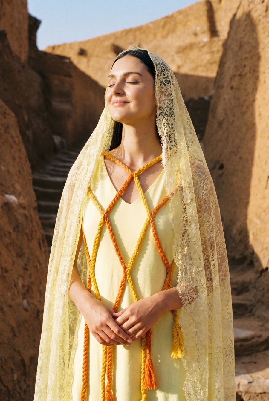 A woman in a yellow dress with orange rope ties and a lace veil, eyes closed, on mudbrick steps