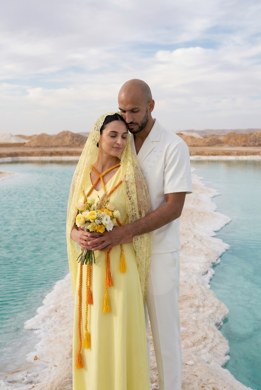 A couple embracing on the white salt edge of a turquoise lake; she wears the yellow dress and veil, he wears white