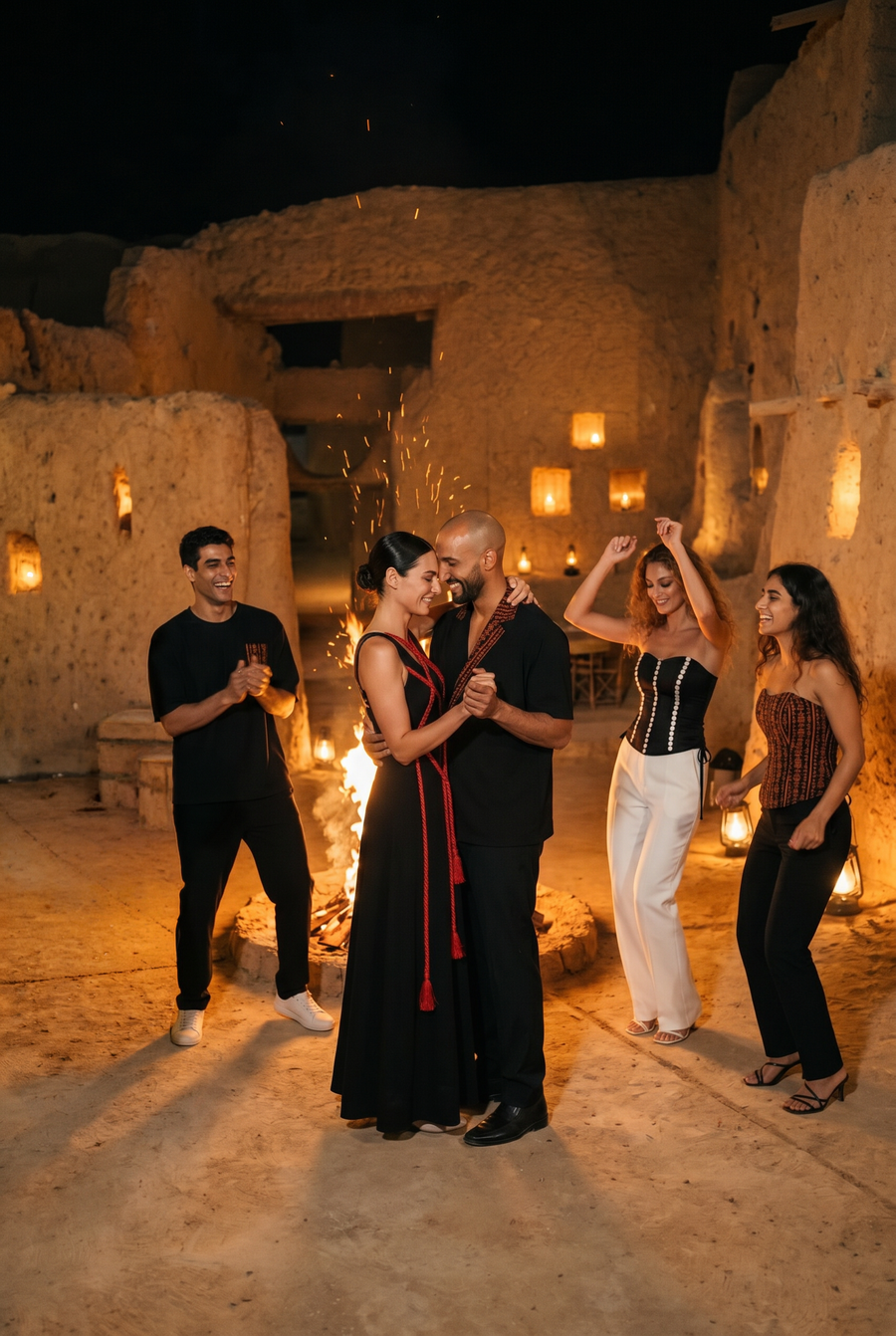 A group dancing around a bonfire in a mudbrick courtyard lit by lanterns