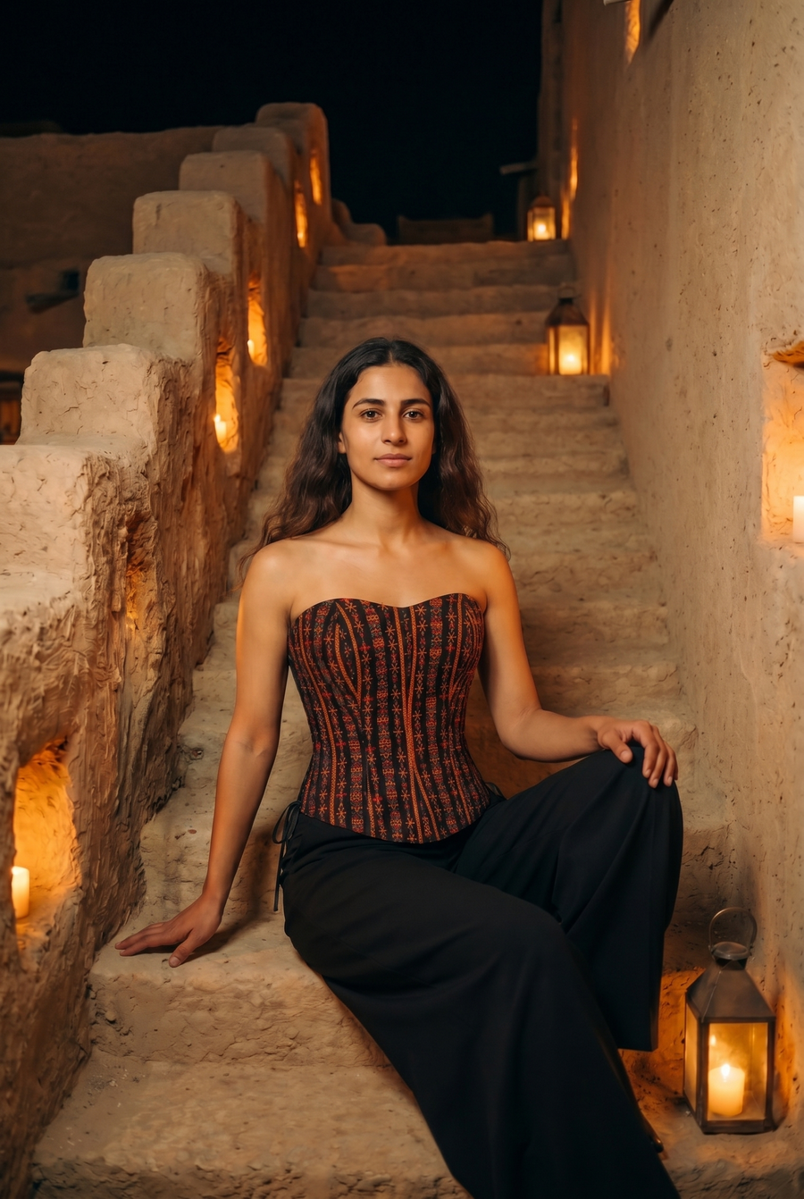 A woman in a red-and-black striped corset and black trousers, seated on lantern-lit steps