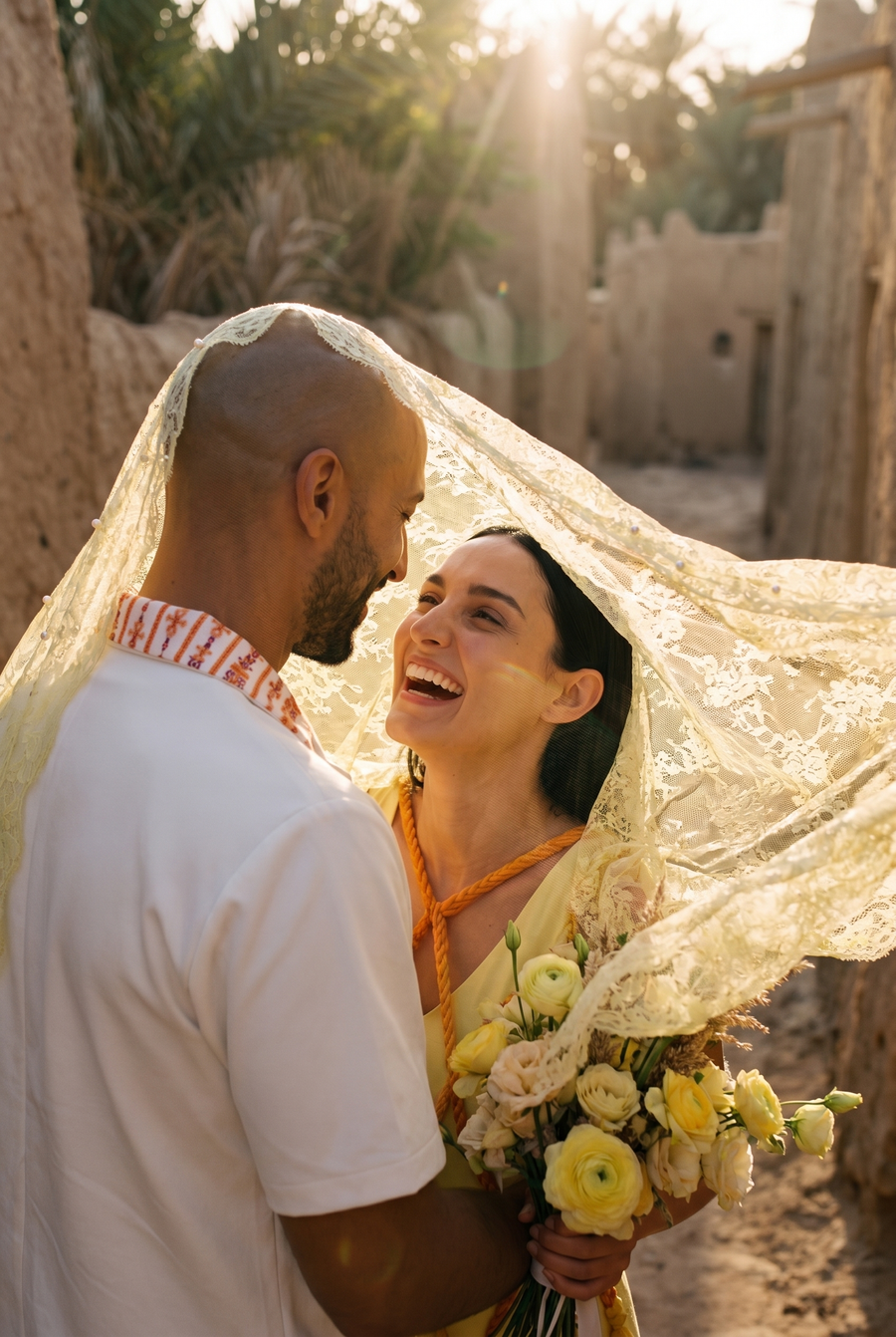 A couple under a lace veil among palms and mudbrick walls; she holds yellow flowers, he wears a white shirt with a woven collar