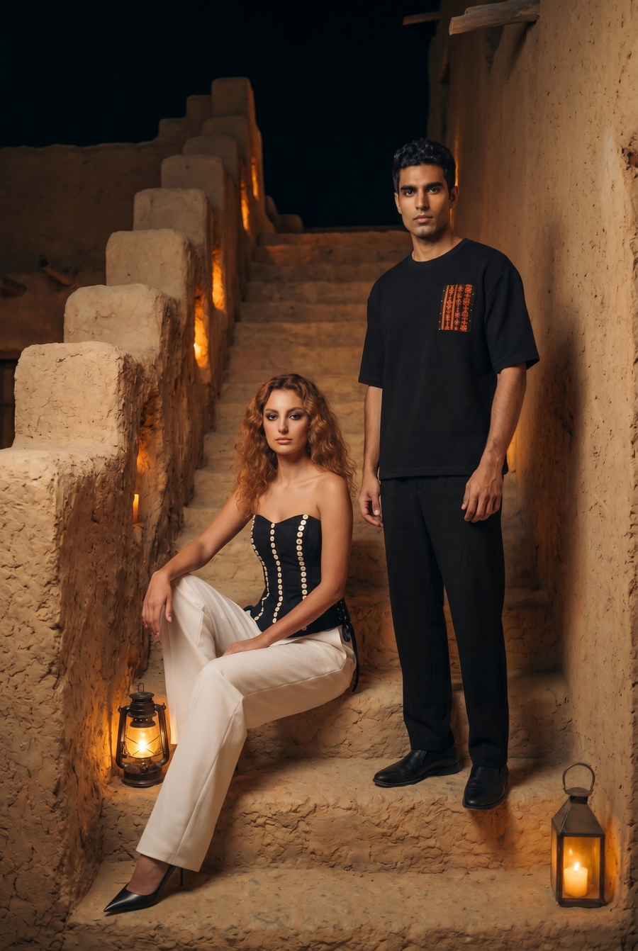 A woman in a black button corset and white trousers seated on steps, a man in a black T-shirt standing beside her