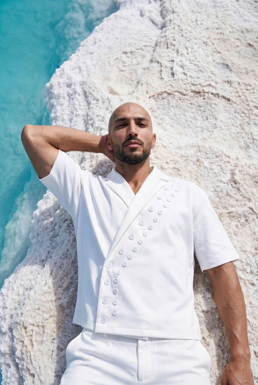 A man in a white embroidered shirt lying on white salt beside turquoise water
