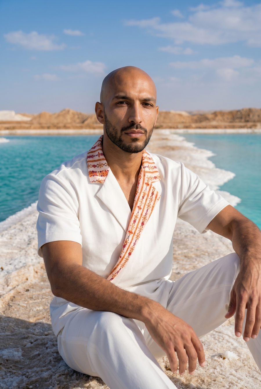 A man in a white shirt with an orange woven collar sitting on salt rocks by a turquoise lake