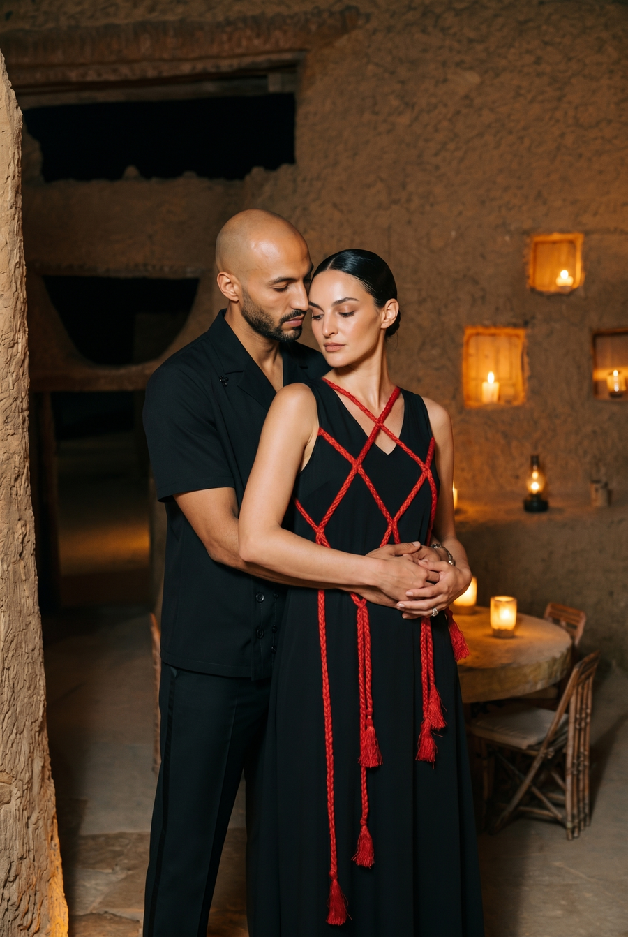 A couple by candlelight in a mudbrick room; she wears a black dress with red rope ties, he wears black
