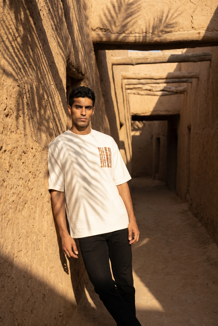 A man in a white T-shirt with a stitched pocket in a narrow mudbrick passage