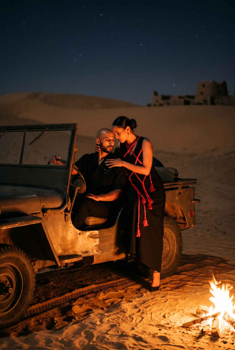 A couple on an old jeep beside a campfire in the dunes at dusk