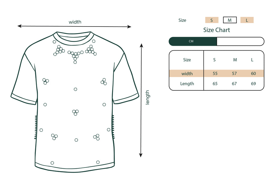 Size chart showing garment measurements for the Pink Oasis T-shirt.
