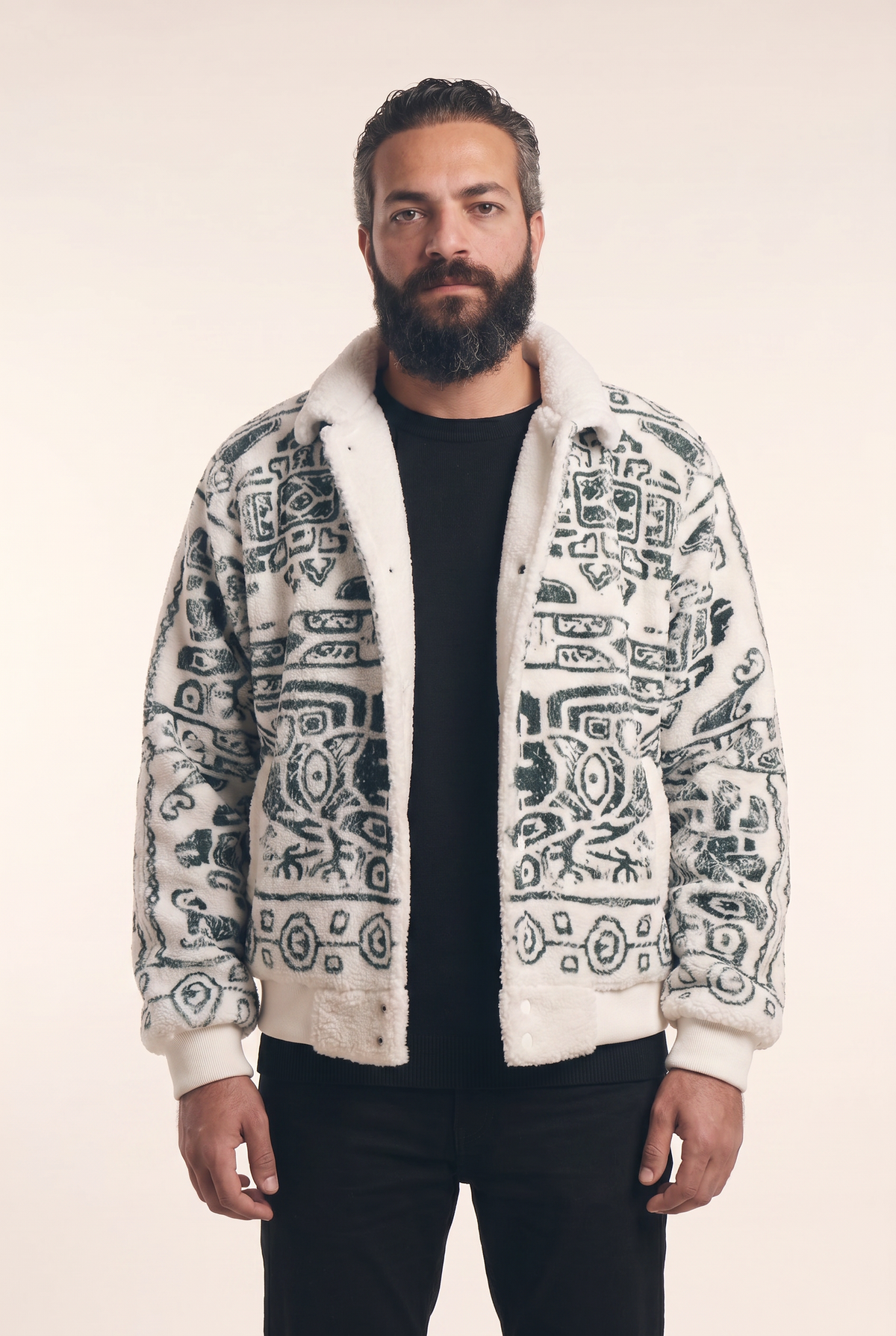Fur jacket with Coptic pattern detailing, front view