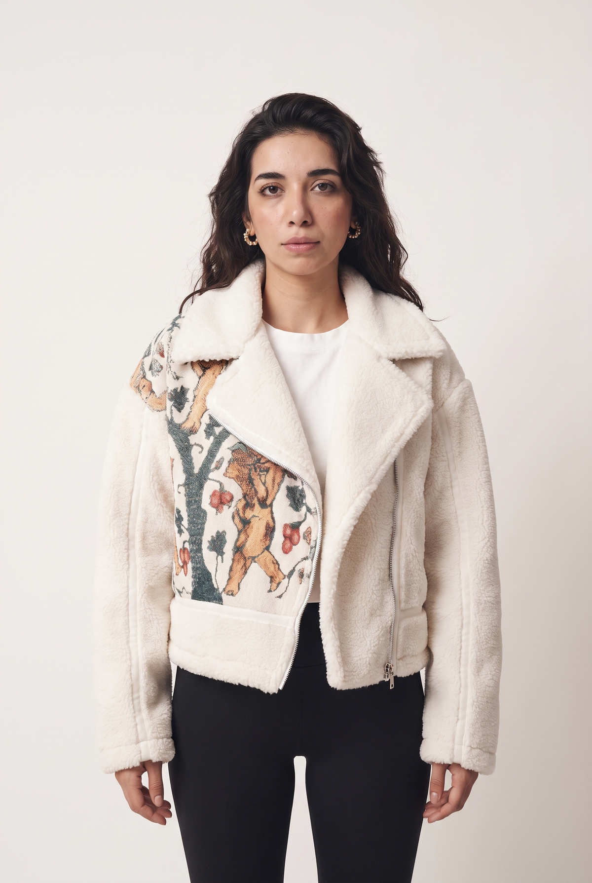 Fur jacket with Coptic angel motif pattern, front view