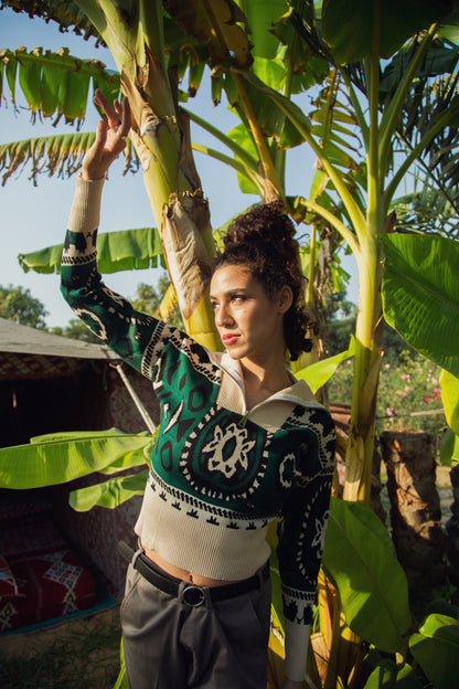 Winter Sash Sweater detail - elegant neckline with Egyptian artistry design