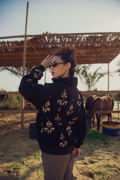 Black Jacket Arabia Royalty - women's fleece jacket with Islamic art