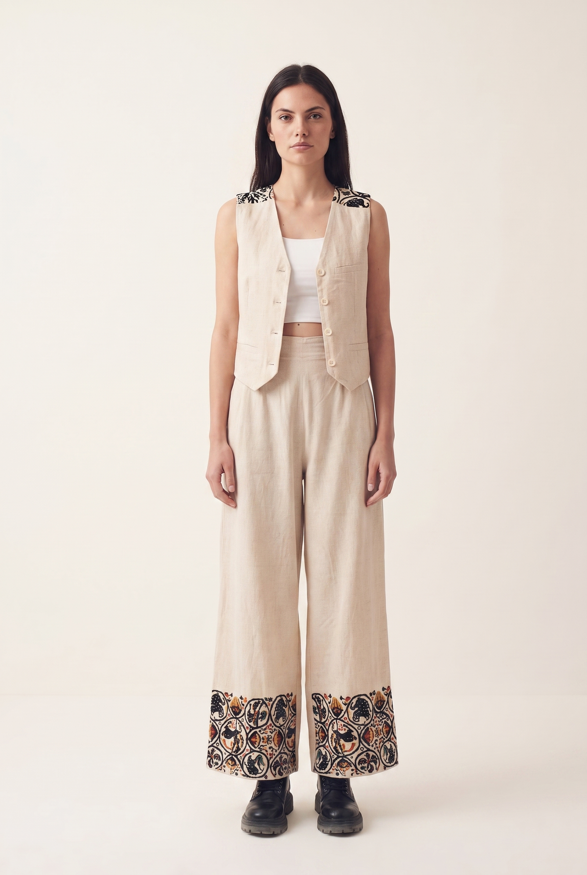 Beige oversized embroidered pants, front view
