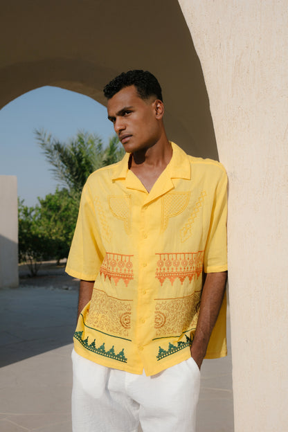 Yellow Nubian Button-up - heritage embroidered shirt with traditional motifs