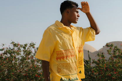 Yellow Nubian heritage shirt - warm yellow hue with cultural embroidery detail