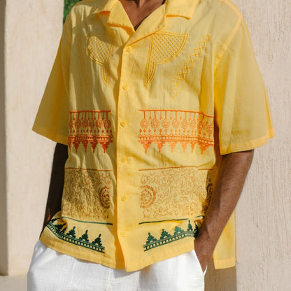 Yellow Nubian Button-up close-up - tailored fit with Nubian-inspired design