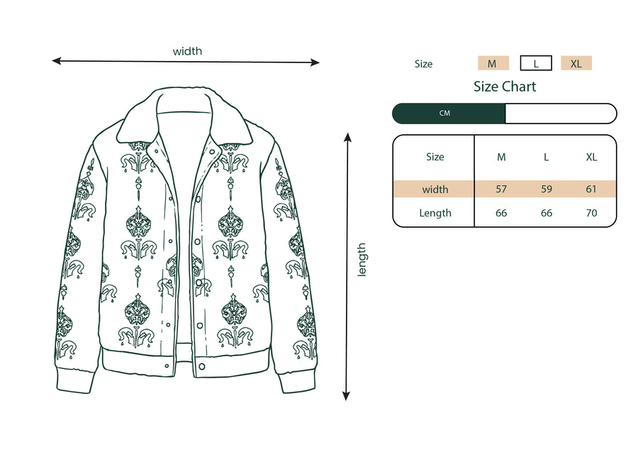 Size chart for the Black Jacket, Arabia Royalty Islamic embroidered fleece.