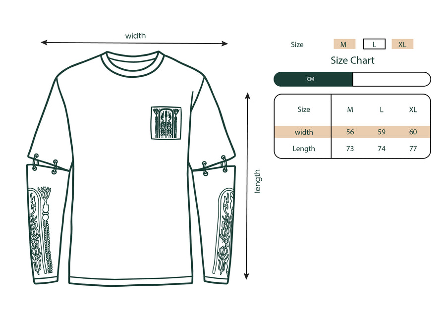 Size chart for the Gold Sleeves detachable sleeve shirt.