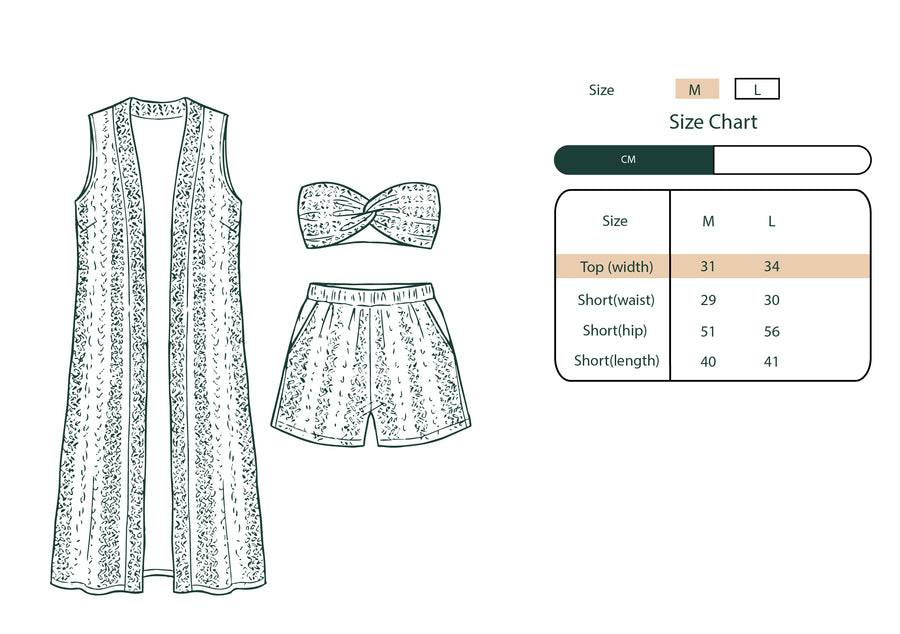 Size chart for the Arabisk three piece set, S/M and L/XL measurements