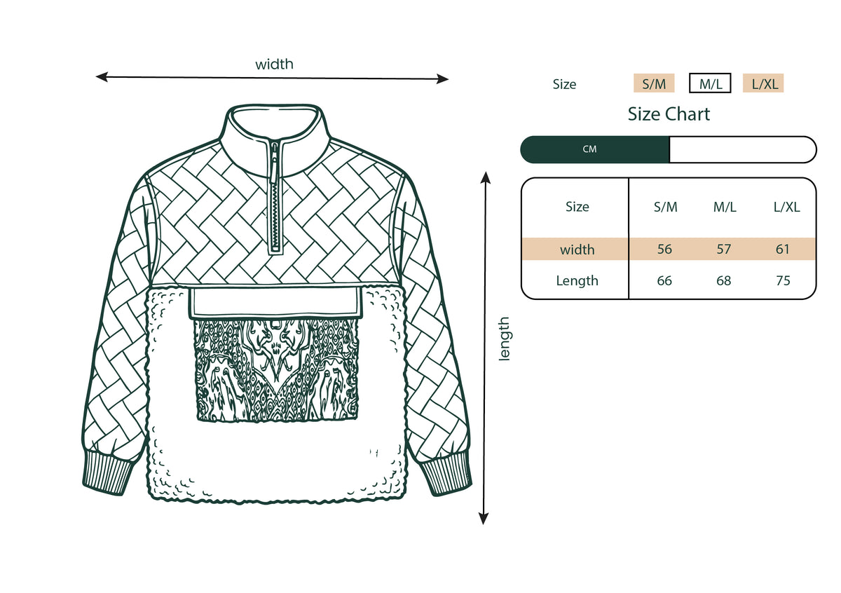Size chart for the Black Sweatshirt, Intertwined Islamic Art Pattern.