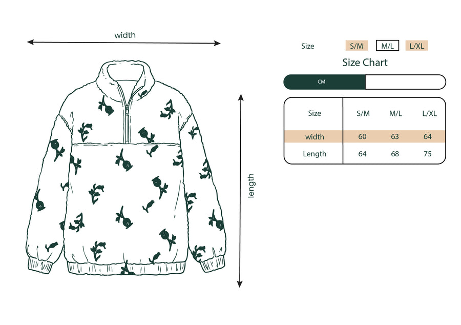 Size chart for the Blooming Souls sweatshirt, unisex measurements